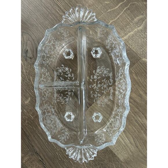 Fostoria Meadow Rose 3 Part Glass Footed Relish Dish Etched Crystal Vintage - Picture 14 of 15